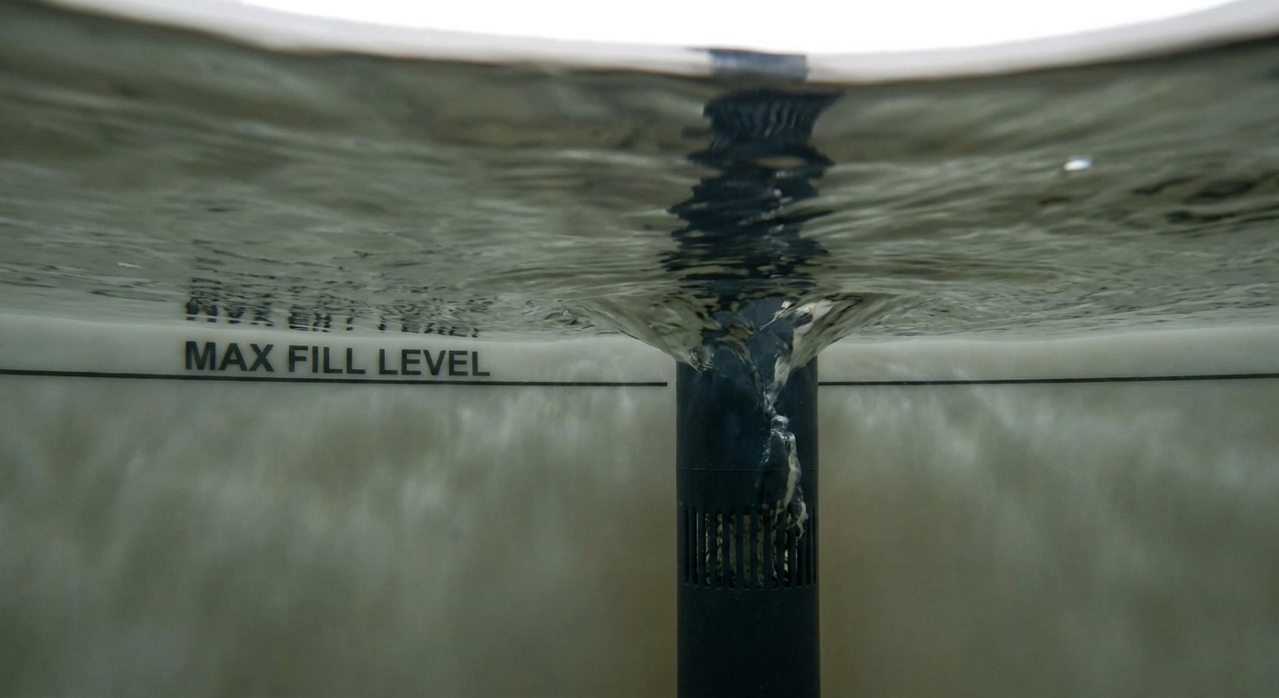 Inside tank view with a clear waterline marked, showing water level sitting above the overflow tube inlet to demonstrate overfilling.