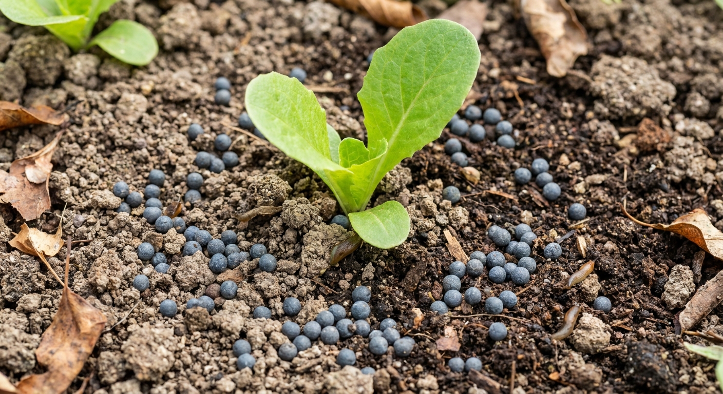 Iron-phosphate slug bait pellets scattered lightly on garden soil around a small seedling