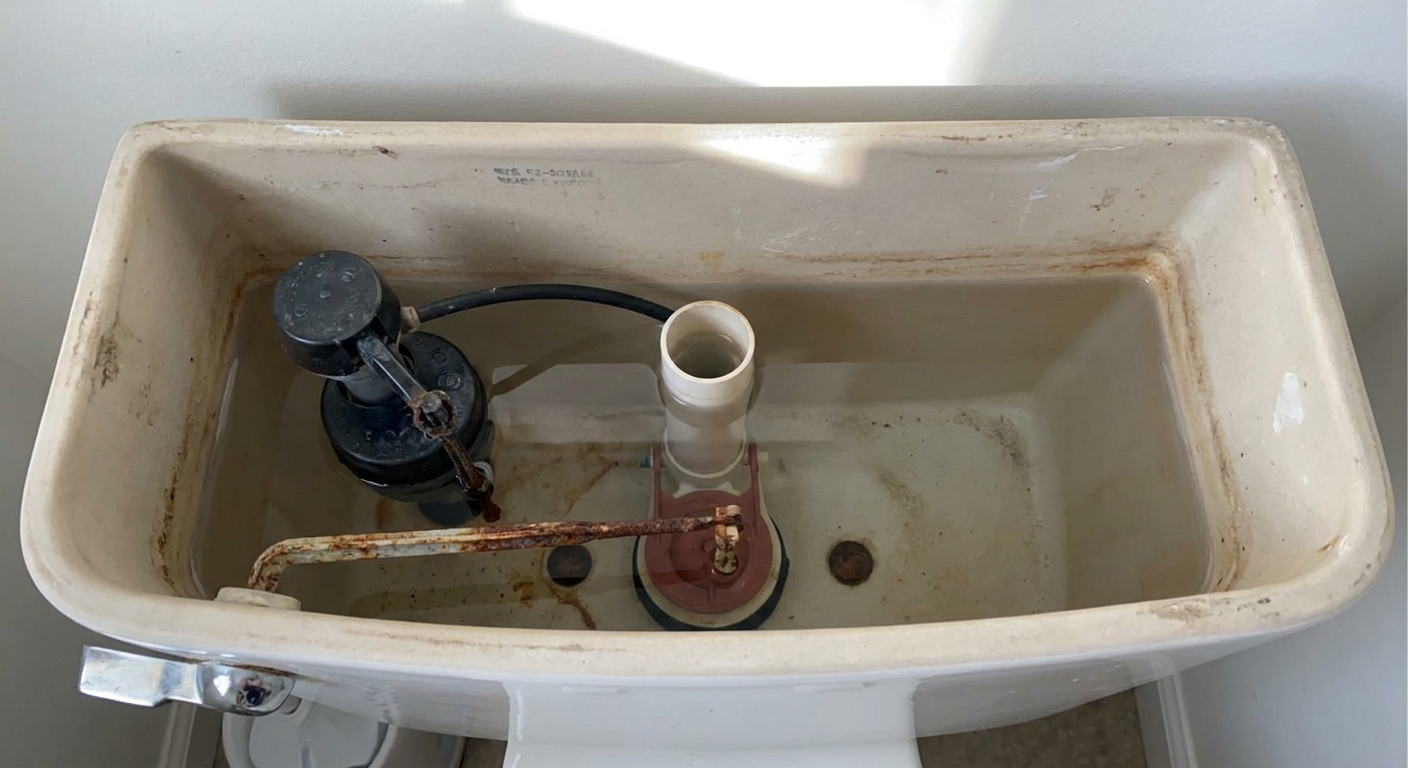 Looking into a toilet tank showing the water line about one inch below the top of the overflow tube