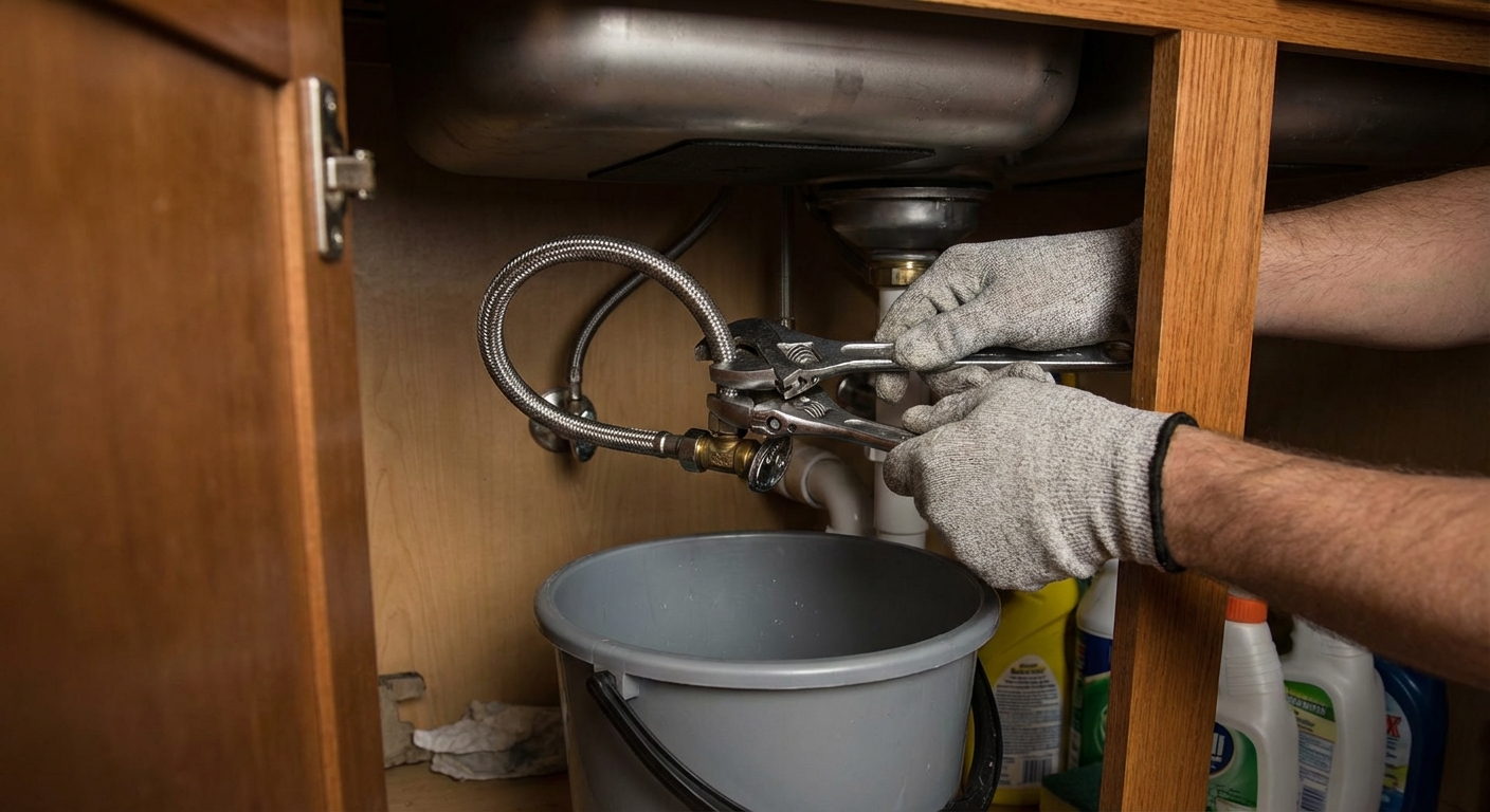 Loosening a braided faucet supply line from a shutoff valve with a bucket below