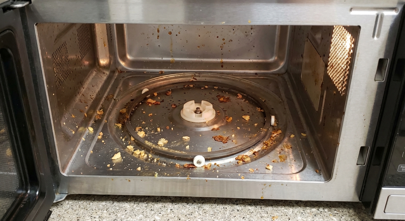 Microwave interior with glass turntable removed showing a dirty roller ring and food debris around the coupler area, realistic kitchen photo
