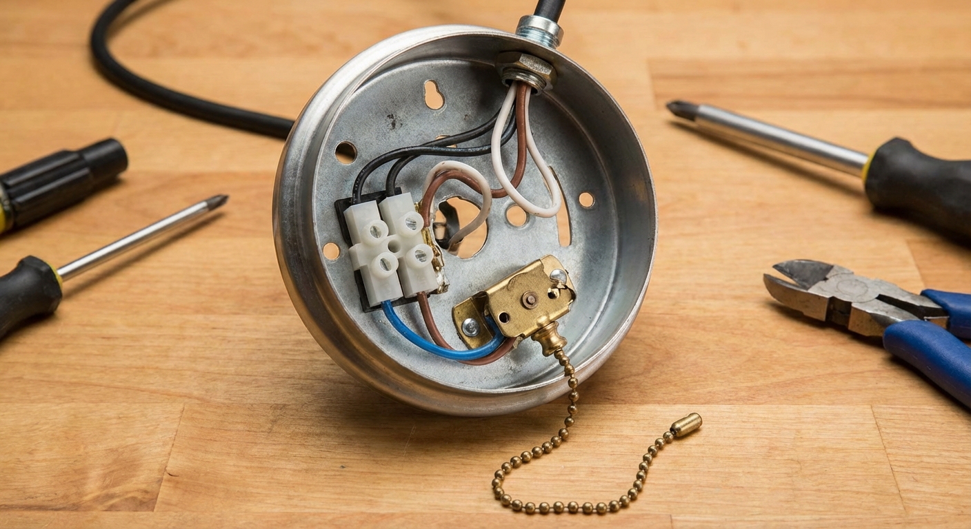 Open ceiling fan switch housing with pull-chain switch visible