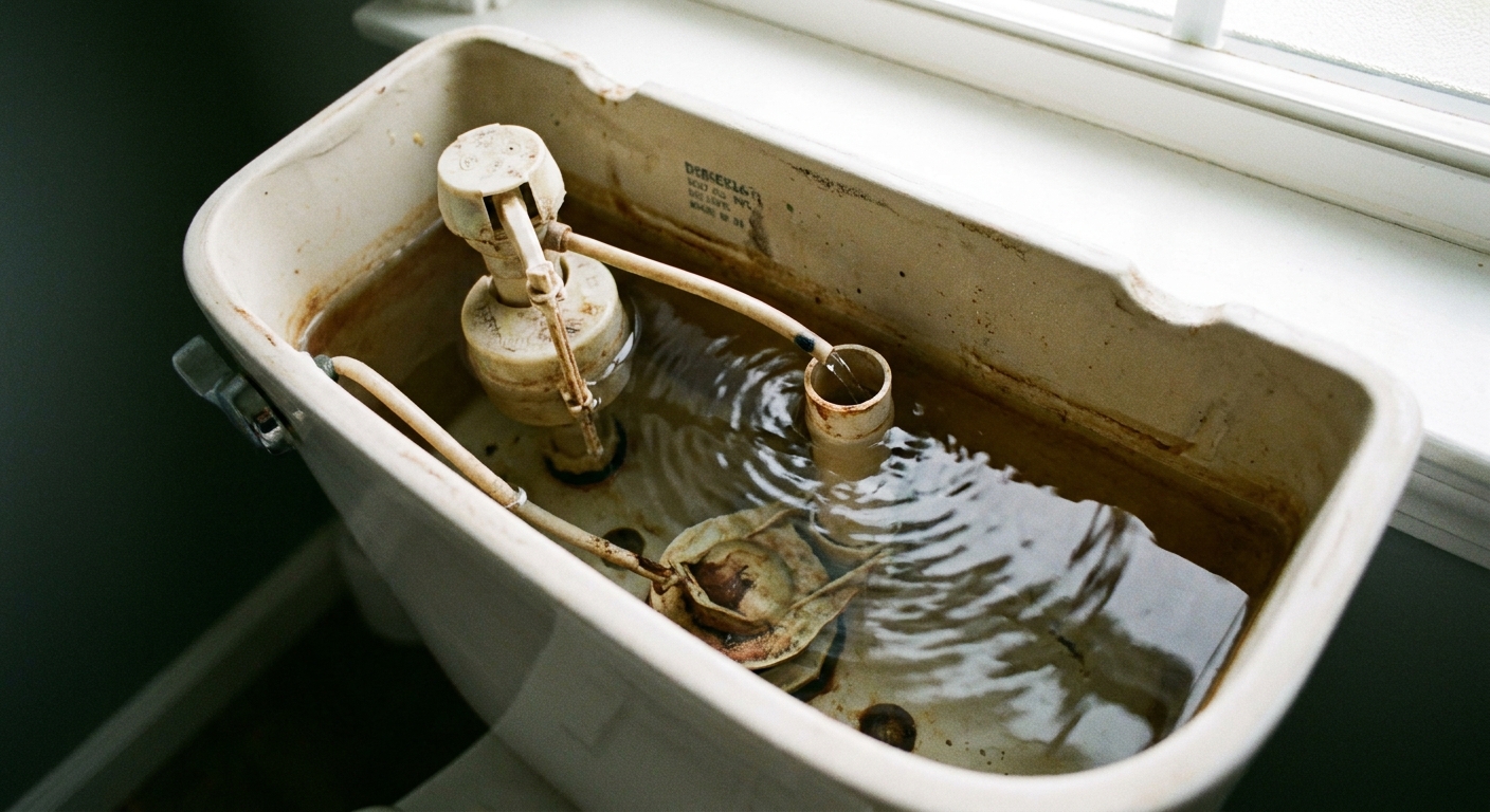 Open toilet tank showing a fill valve with water trickling into the overflow tube and ripples on the water surface indicating constant running.