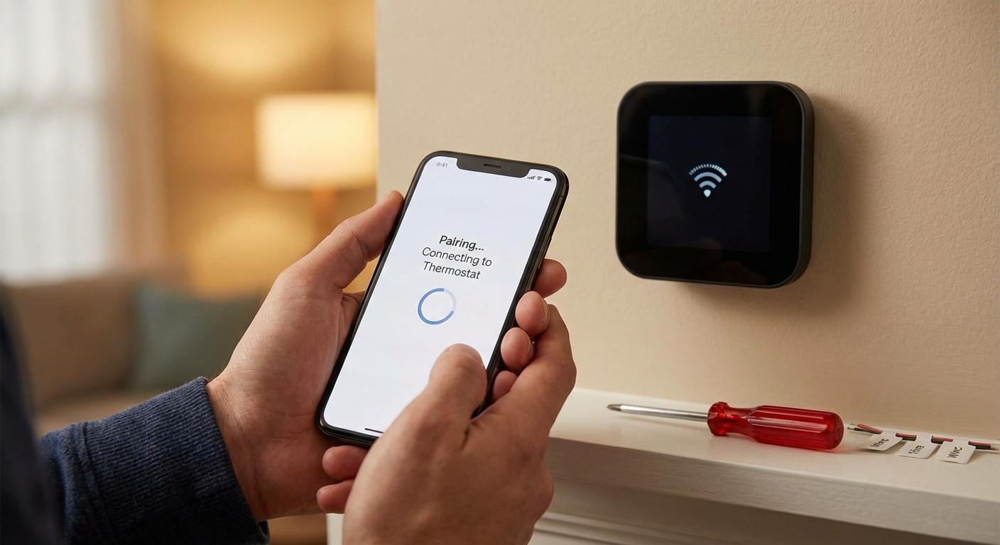Phone pairing a smart thermostat in a living room