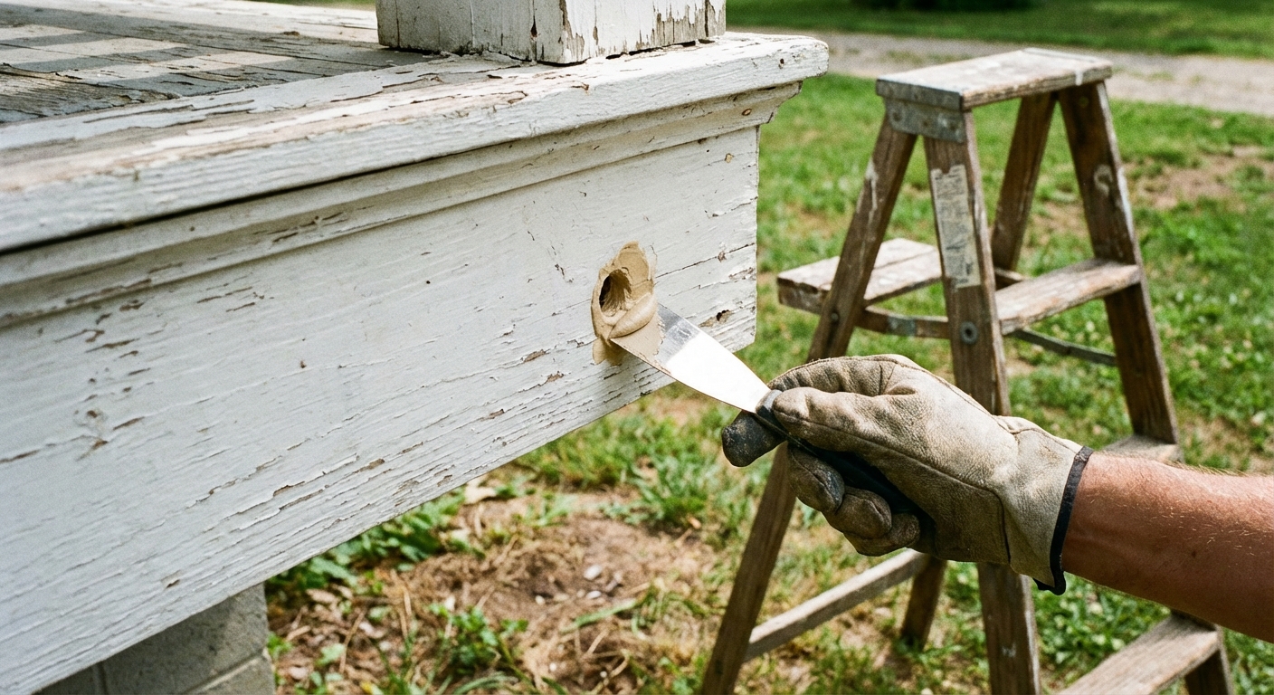Photo of a gloved hand using a small putty knife to press exterior wood filler into a round hole on the underside of a painted porch trim board, with a step ladder in the background