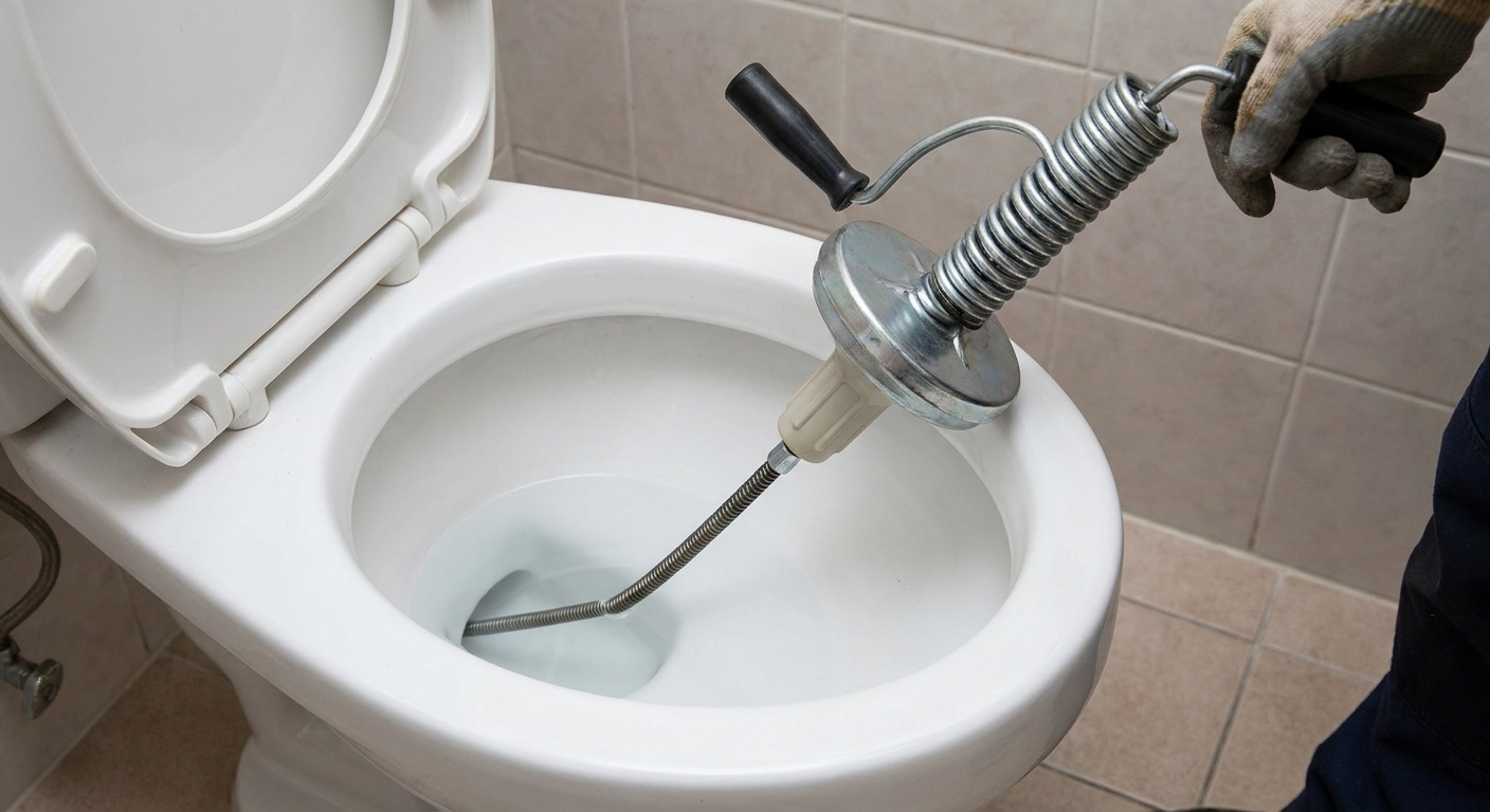 Photo of a hand-crank toilet auger inserted into a toilet bowl with the handle visible above the rim