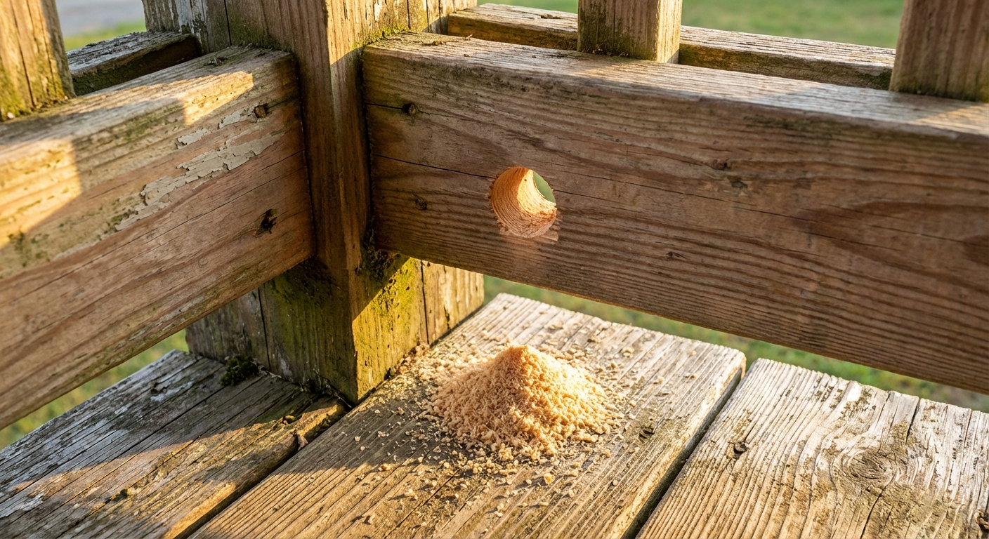 Photo of a porch beam corner with a round hole underneath and a small pile of fresh sawdust on the deck board directly below, taken in bright morning light