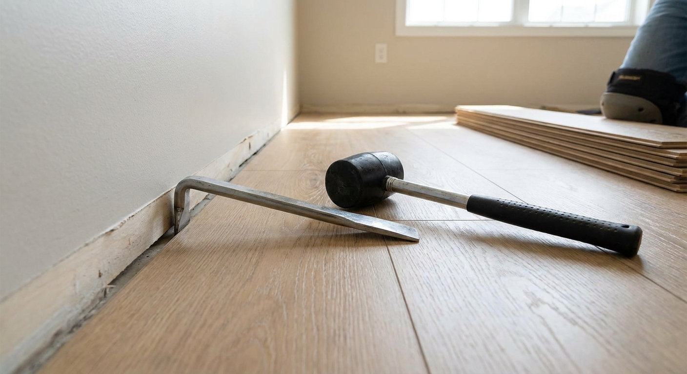 Photo of a pull bar and rubber mallet next to a click-lock vinyl plank floor near a wall
