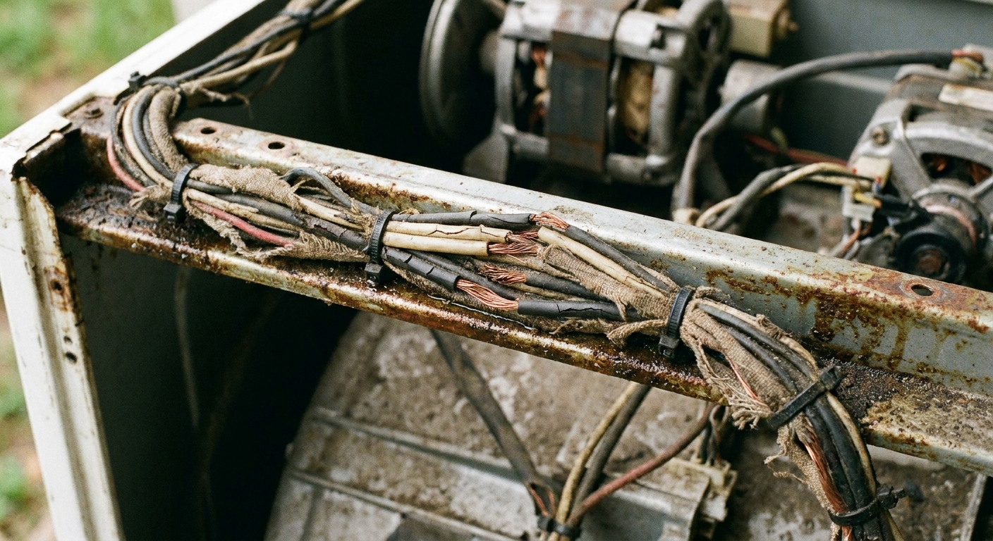 Photo of a washing machine wiring harness routed along a metal frame edge with visible wear on the wire insulation