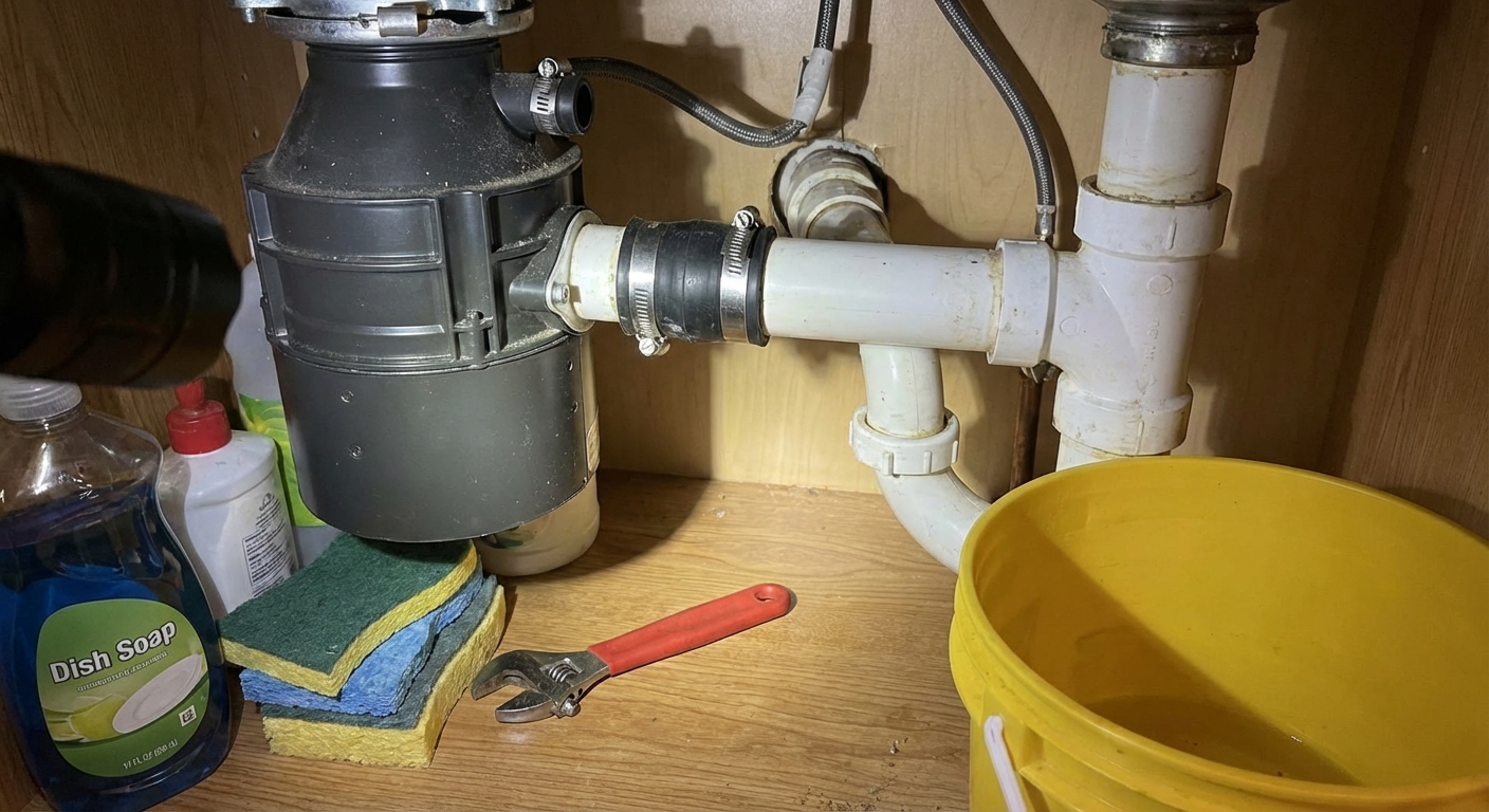 Photo under a kitchen sink showing the side discharge tube connection from a garbage disposal to the drain pipe with a small wrench nearby, realistic home plumbing photo