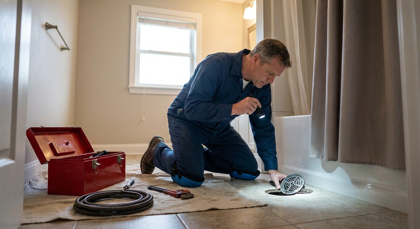 Plumber kneeling on a bathroom floor using a flashlight to inspect a shower drain opening with tools nearby under neutral indoor lighting