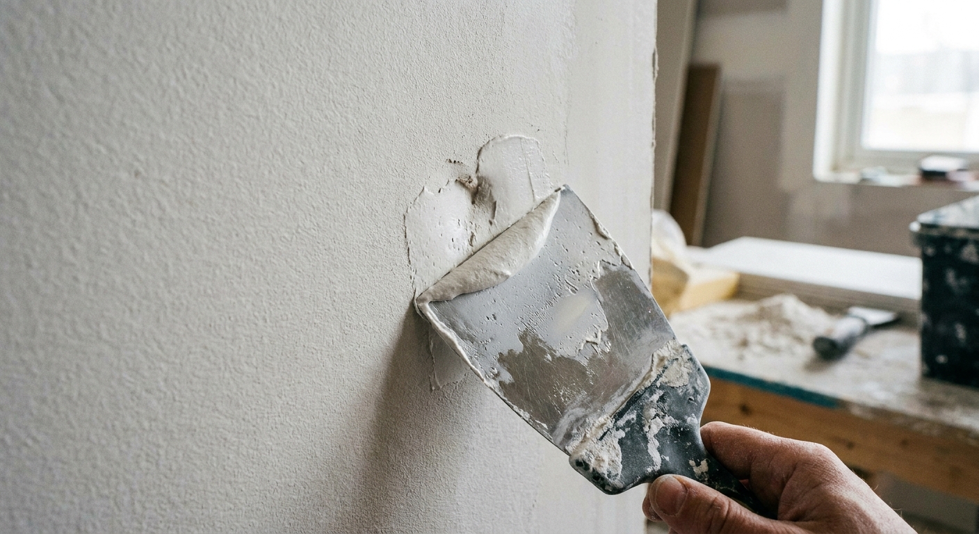 Putty knife spreading spackle smoothly over a small drywall dent