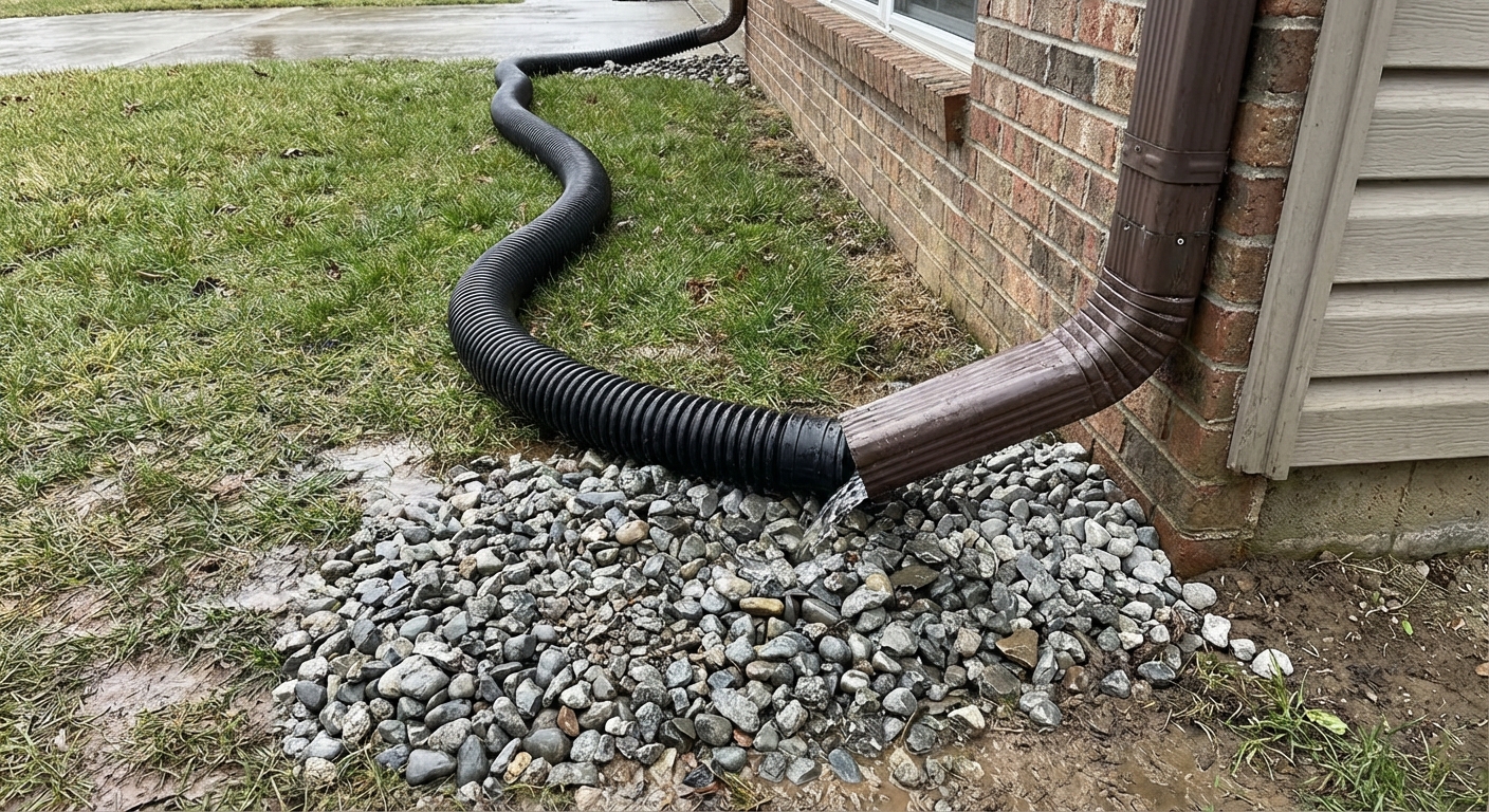 Real photo of a downspout with an extension directing water away from a home foundation onto a gravel bed, outdoor daylight