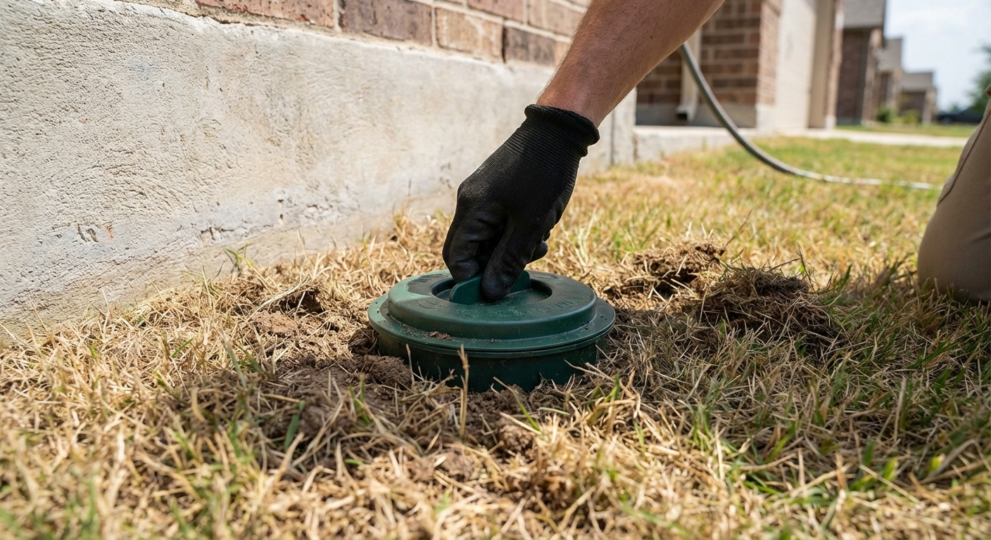 Real photo of a hand opening an in-ground termite bait station cap in a lawn beside a home foundation, outdoor daylight