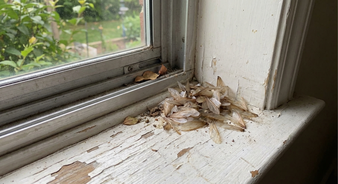 Real photo of a windowsill with a small pile of discarded insect wings gathered in the corner near the window track, indoor natural light
