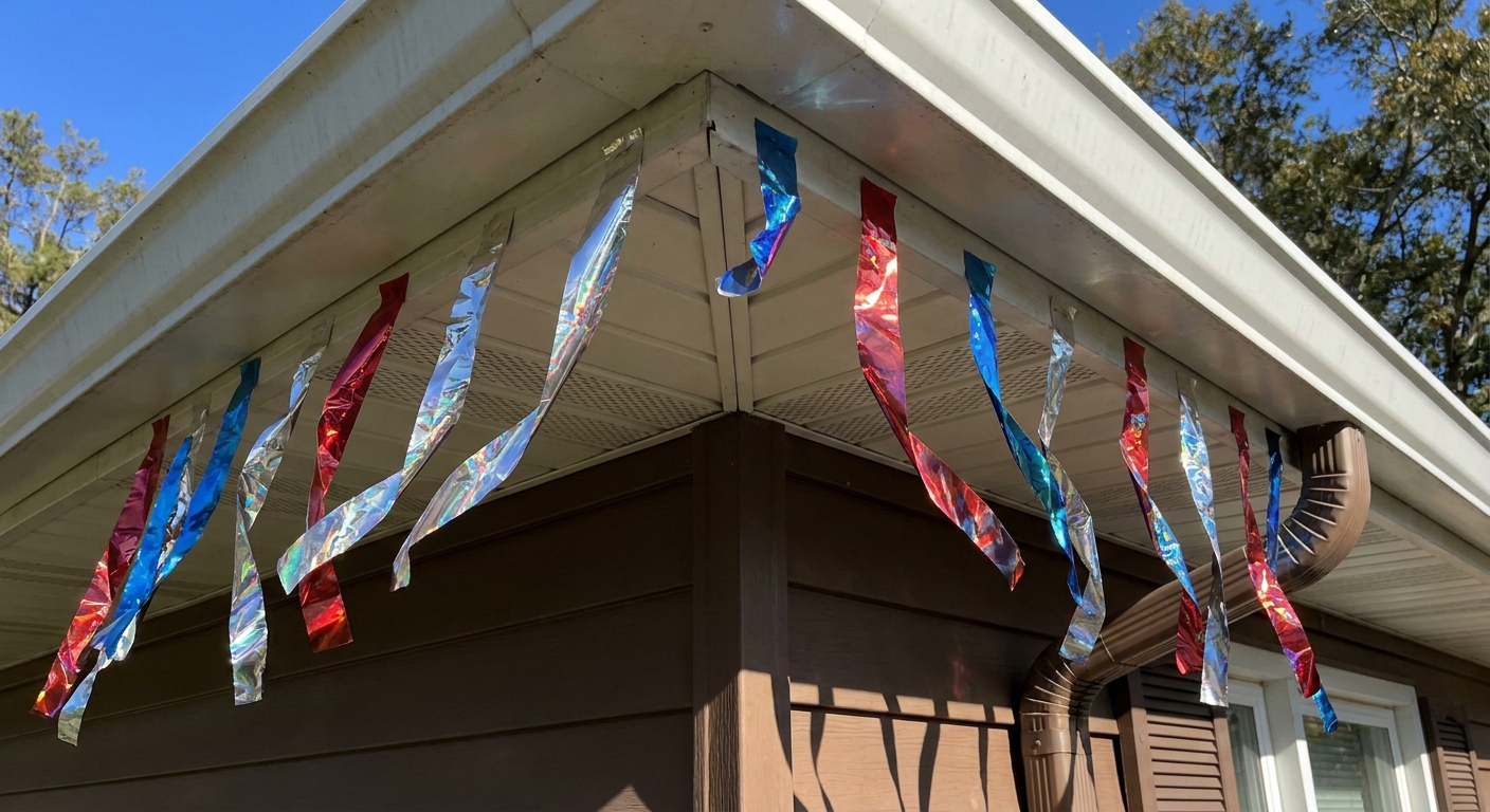 Reflective bird deterrent tape strips hanging from a house soffit near a corner, moving slightly in the breeze on a sunny day