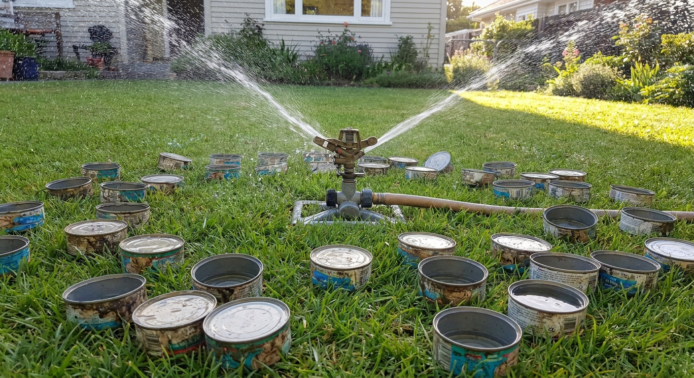 Several empty tuna cans placed around a lawn while a sprinkler runs to measure water output