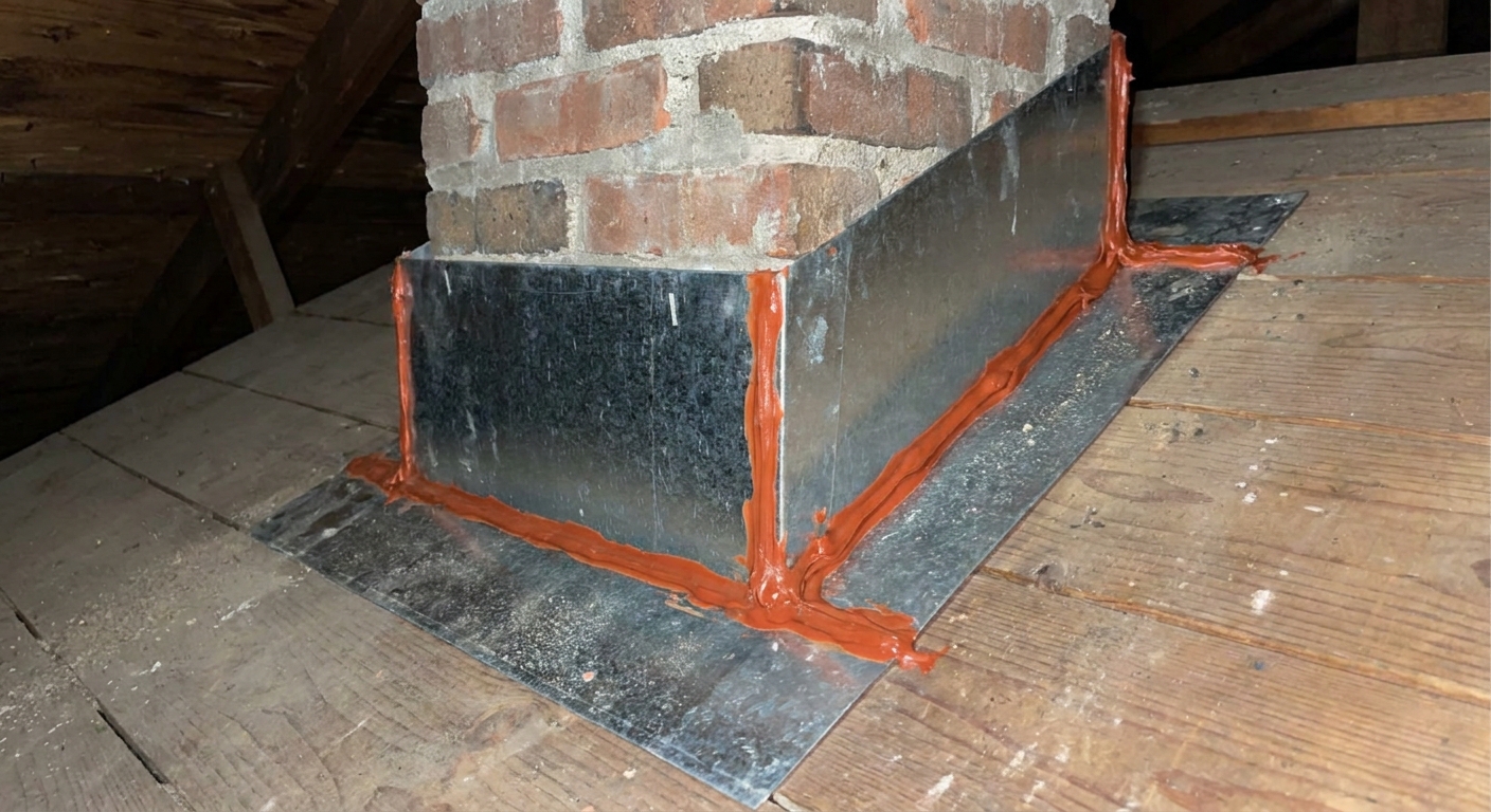 Sheet metal flashing installed around a masonry chimney in an attic with a bead of high-temperature sealant at the edges