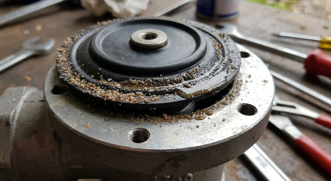 Show a valve diaphragm lifted slightly with sand/grit on the sealing lip and seat, clearly indicating the leak path.