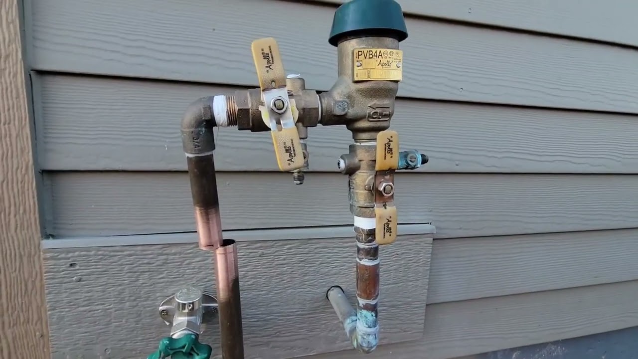 Show an irrigation main shutoff ball valve at the backflow assembly with an arrow indicating the quarter-turn OFF position.