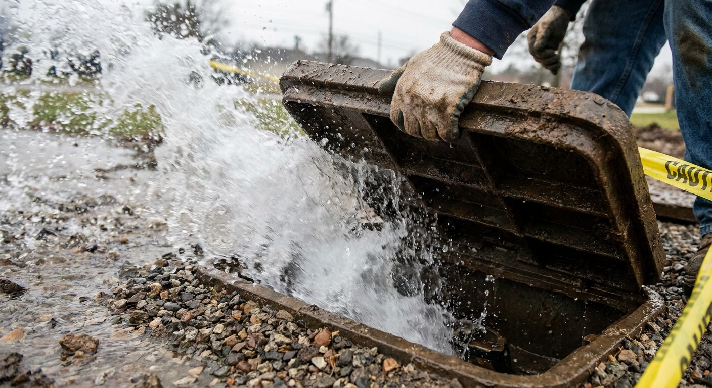 Show an open valve box overflowing with water while a hand holds the lid back, emphasizing urgency and splash direction.