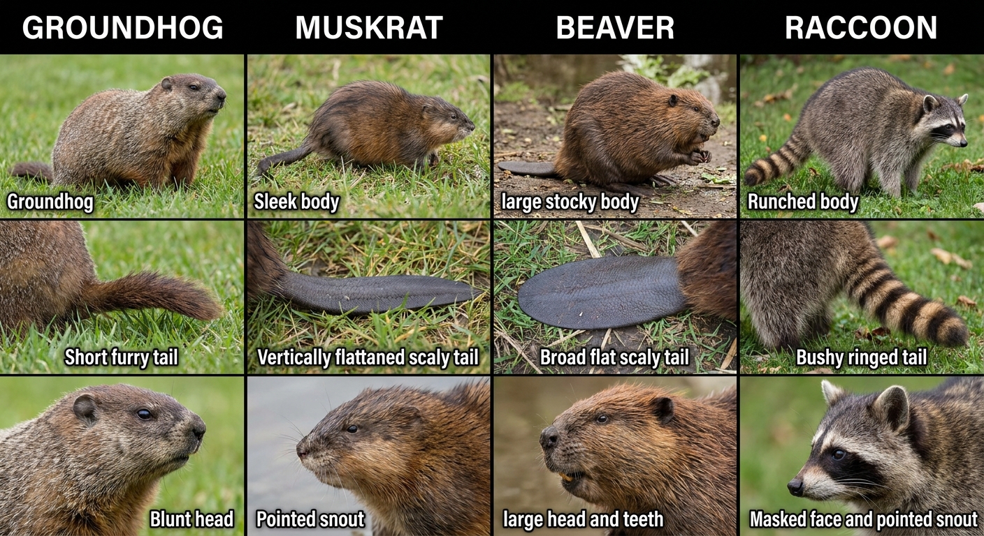 Side-by-side comparison of groundhog, muskrat, beaver, and raccoon showing body shape, tail type, and head profile for quick yard identification.
