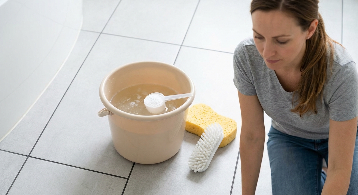 Small bucket of warm water mixed with oxygen bleach next to a sponge and nylon brush on a ceramic tile floor