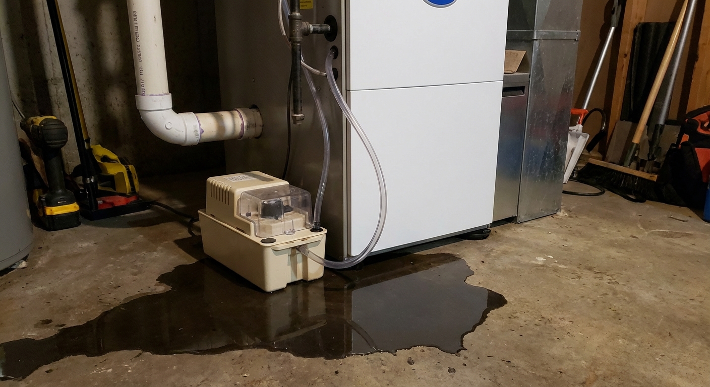 Small plastic condensate pump on a basement floor next to a high-efficiency furnace, with the reservoir lid visible and water pooled nearby