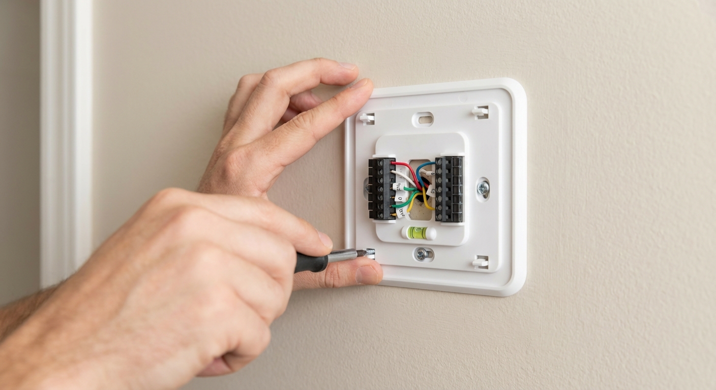 Smart thermostat mounting plate being screwed to drywall