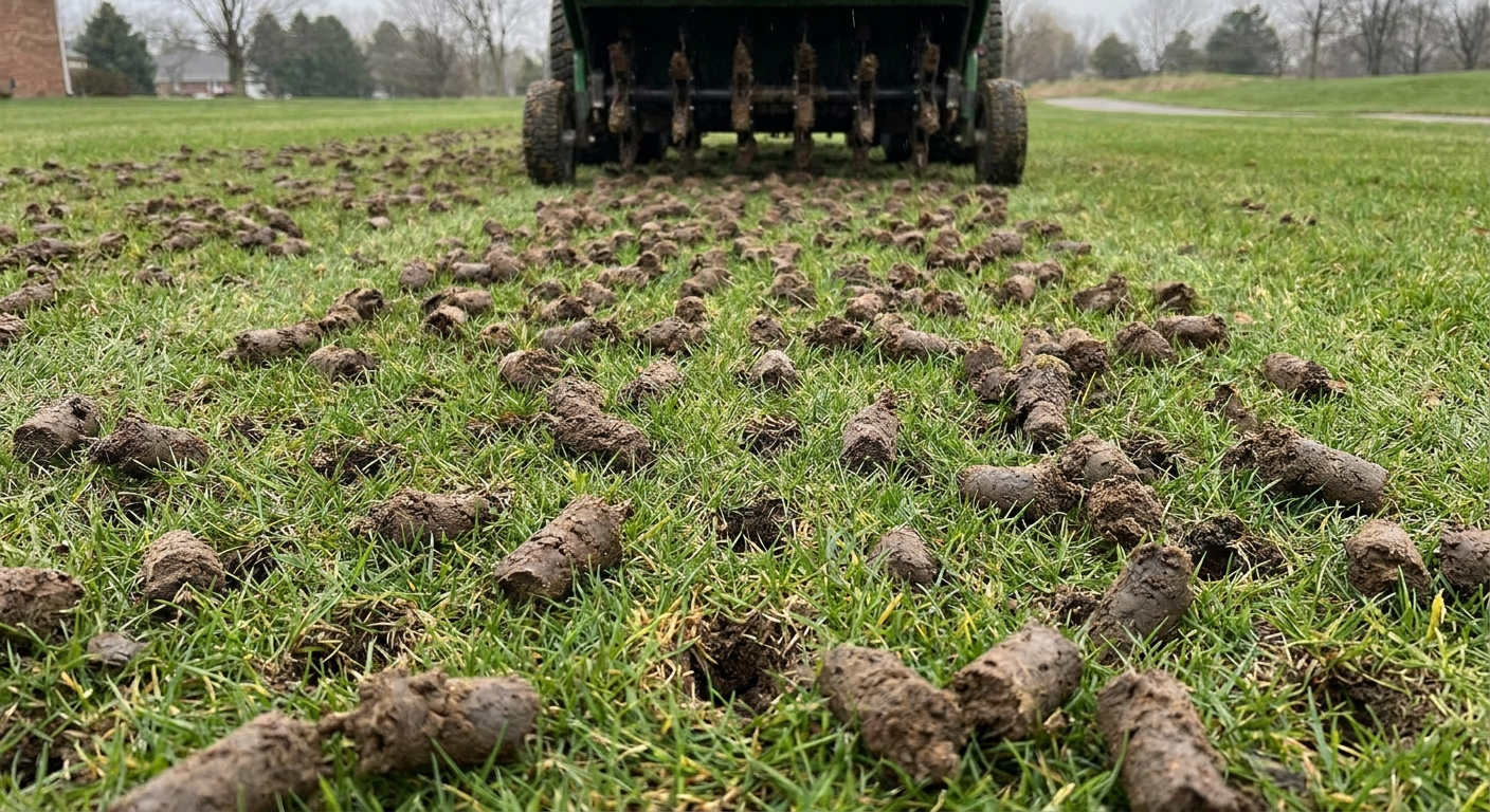 Soil plugs scattered across a lawn immediately after core aeration, showing moist cores and openings in the turf