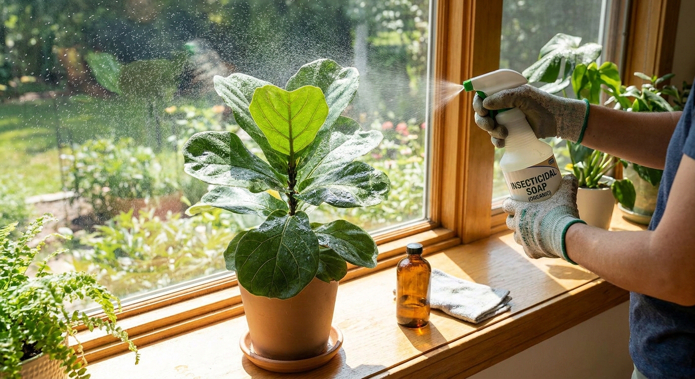 Spraying insecticidal soap onto a potted houseplant near a window