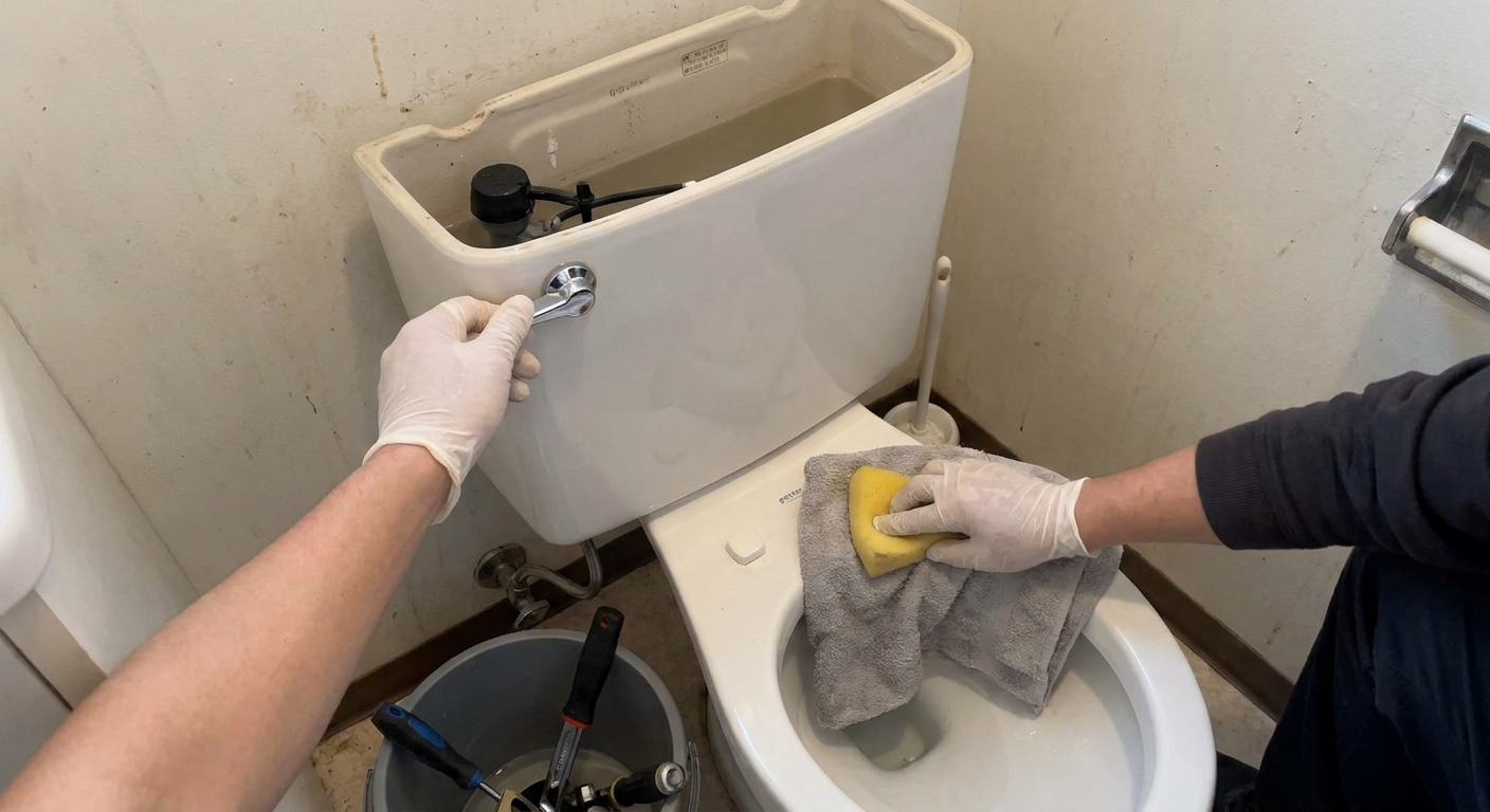 Tank lid off with flush lever held down while a sponge or towel removes remaining water from the bottom of the tank.