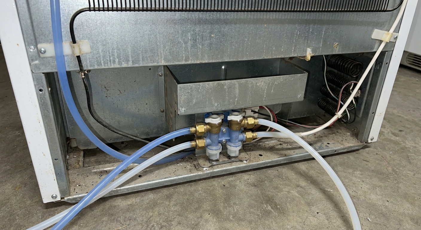 The back of a refrigerator showing the dual water inlet valve with plastic water lines attached near the lower rear panel