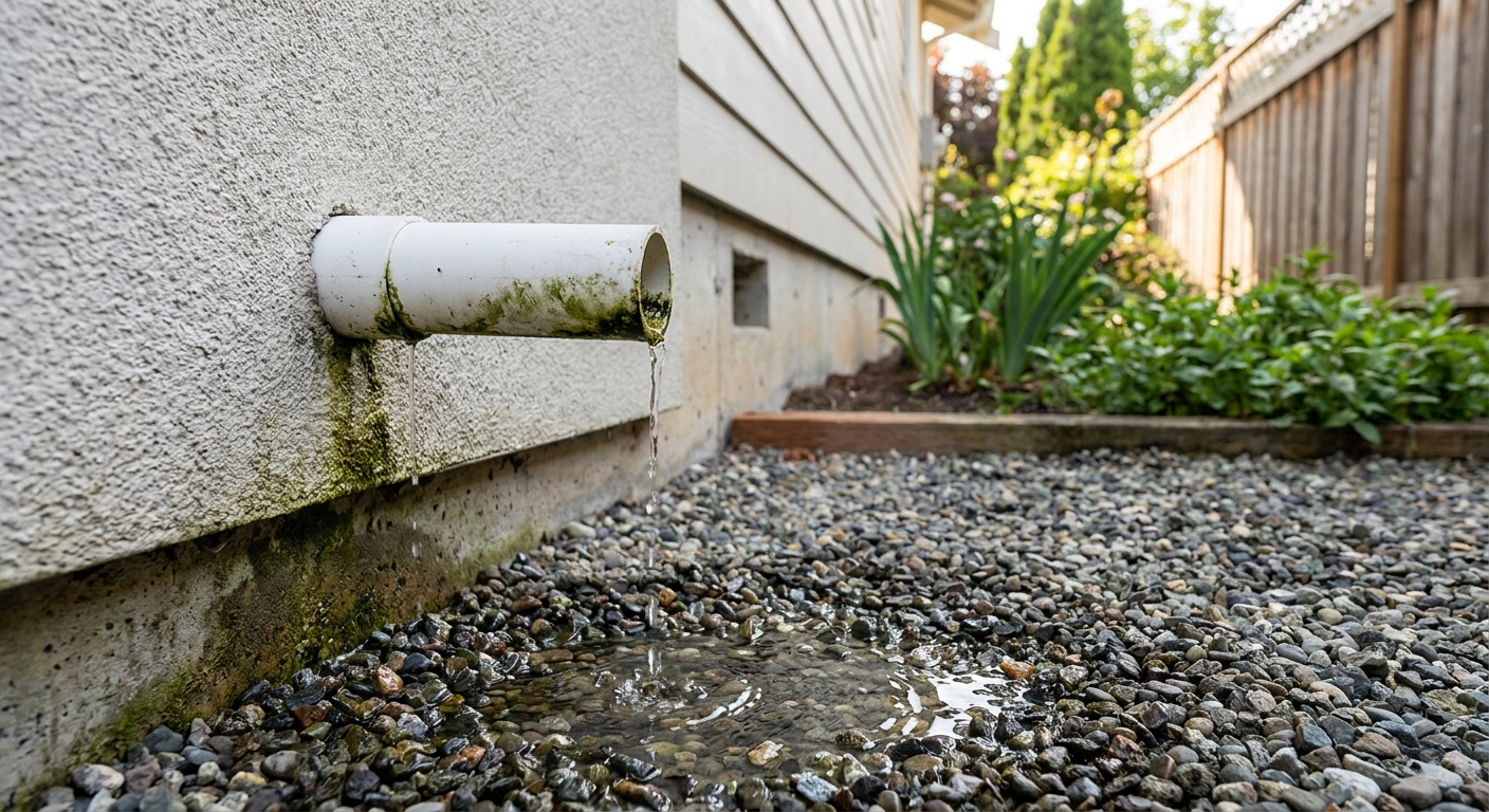 The end of a mini-split condensate drain hose exiting an exterior wall and dripping water onto gravel beside a house
