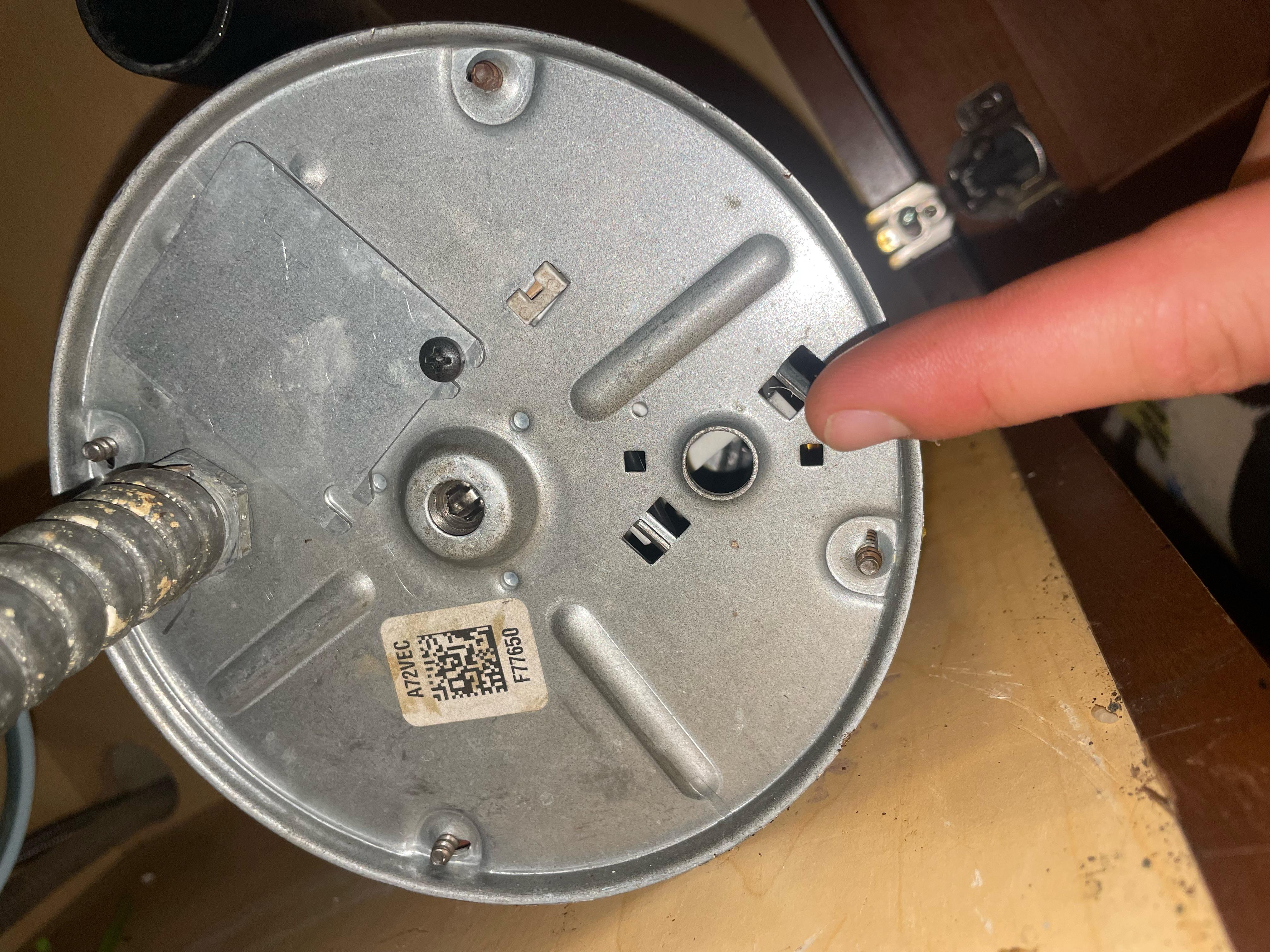 The underside of a garbage disposal showing the reset button and the area where the unit can be manually turned