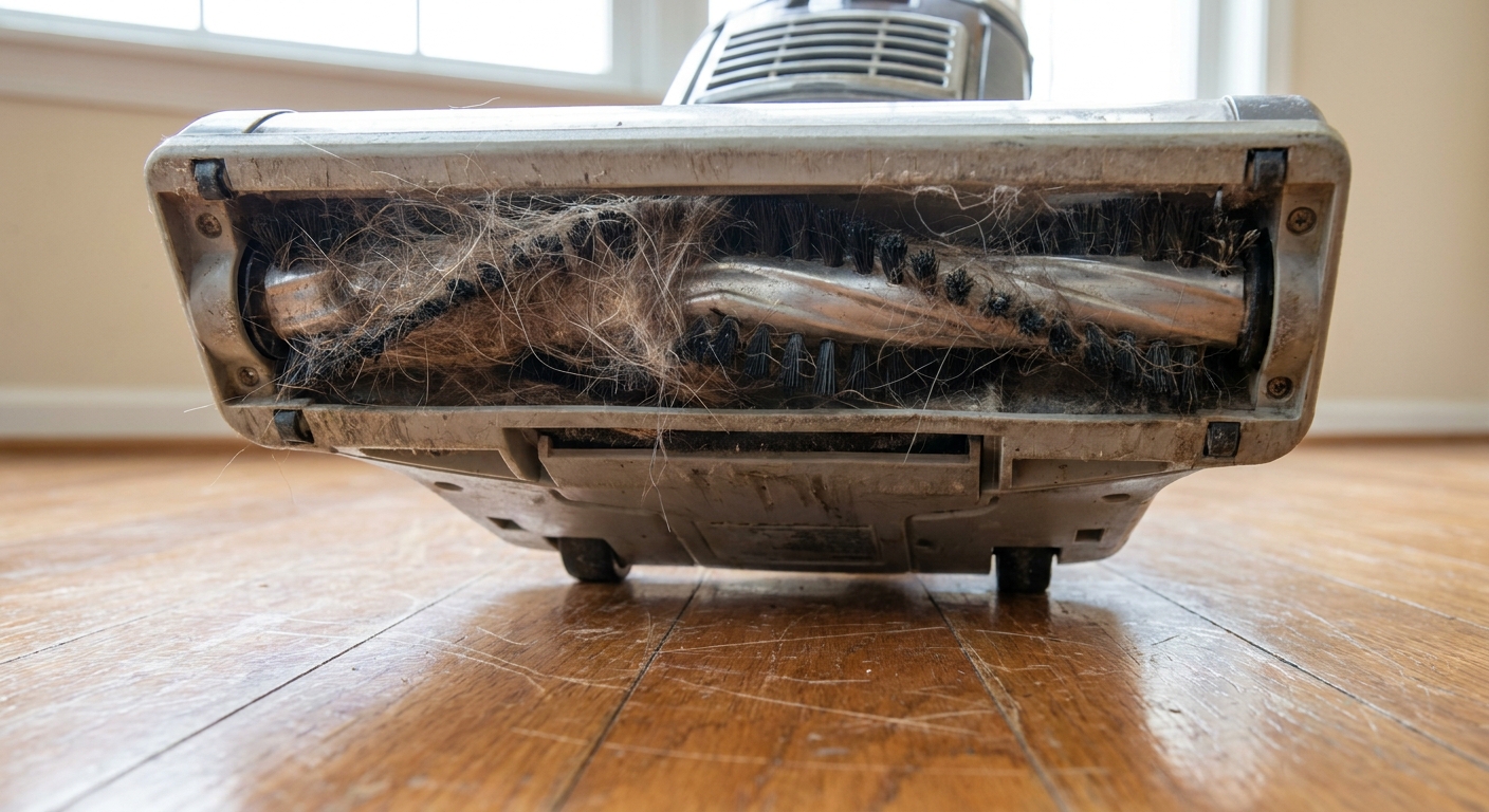 The underside of an upright vacuum with the brush roll exposed and pet hair wrapped around it, photographed on a hardwood floor