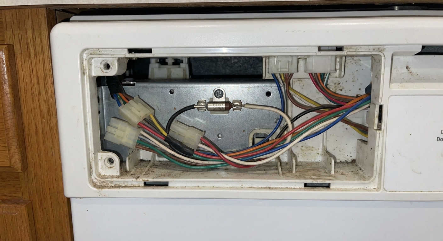Thermal fuse and wiring inside a dishwasher door panel
