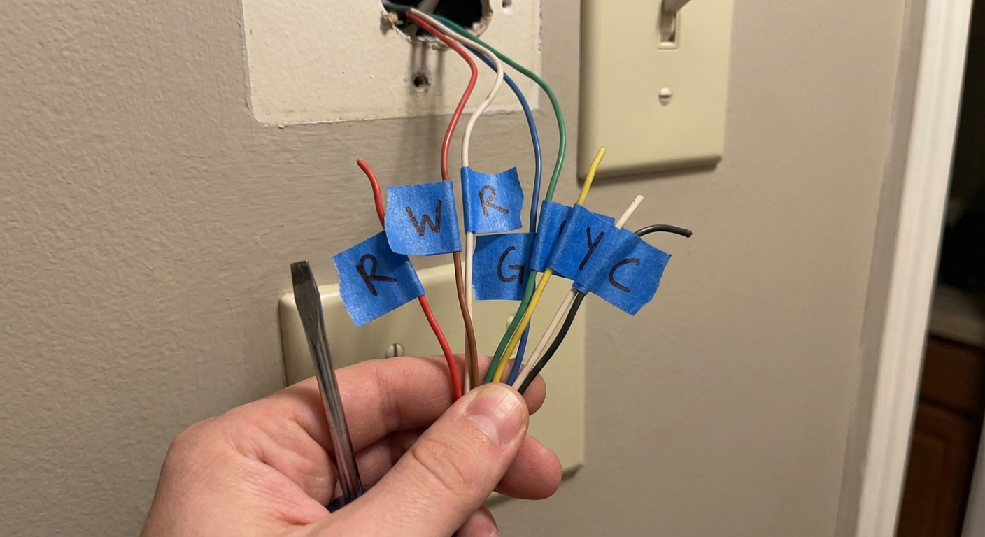 Thermostat wires labeled with painter's tape tags