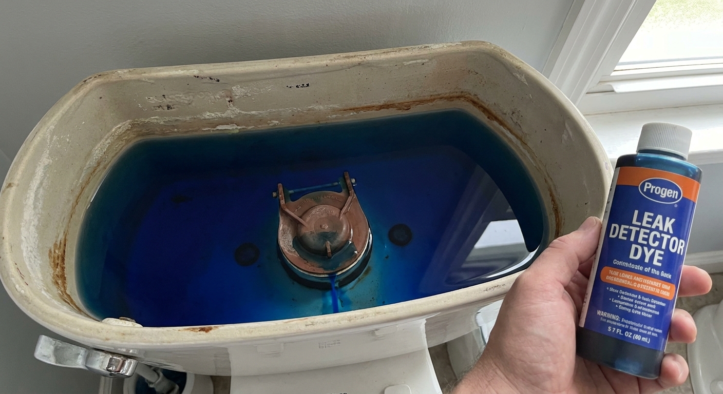 Toilet tank with dye coloring in the water and a closed flapper at the flush valve seat, illustrating how to detect a slow leak.