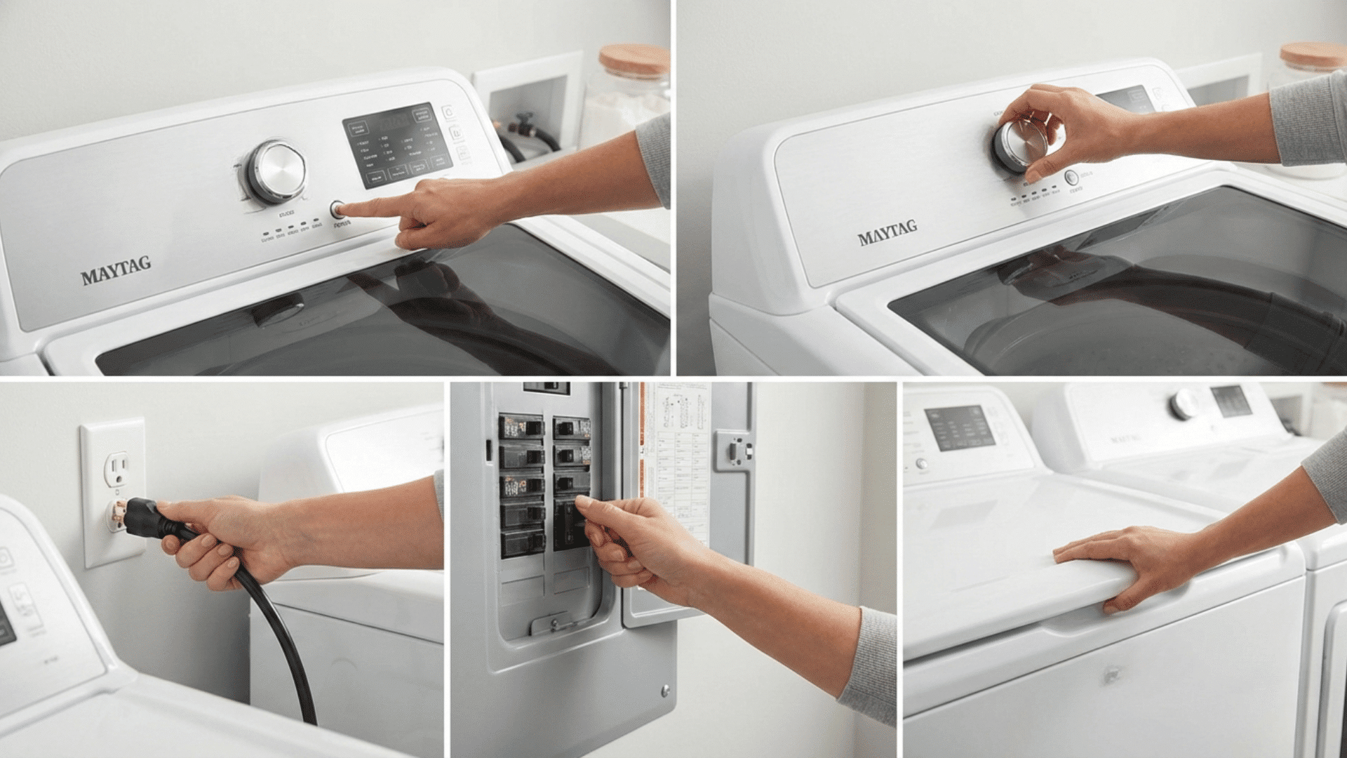 Top-load washing machine with the lid open while a homeowner inspects the tub area with a flashlight in a laundry room