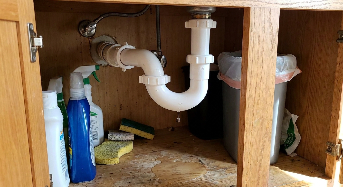 Under a kitchen sink showing a P-trap and slip-joint nuts with a small drip on the bottom of the trap