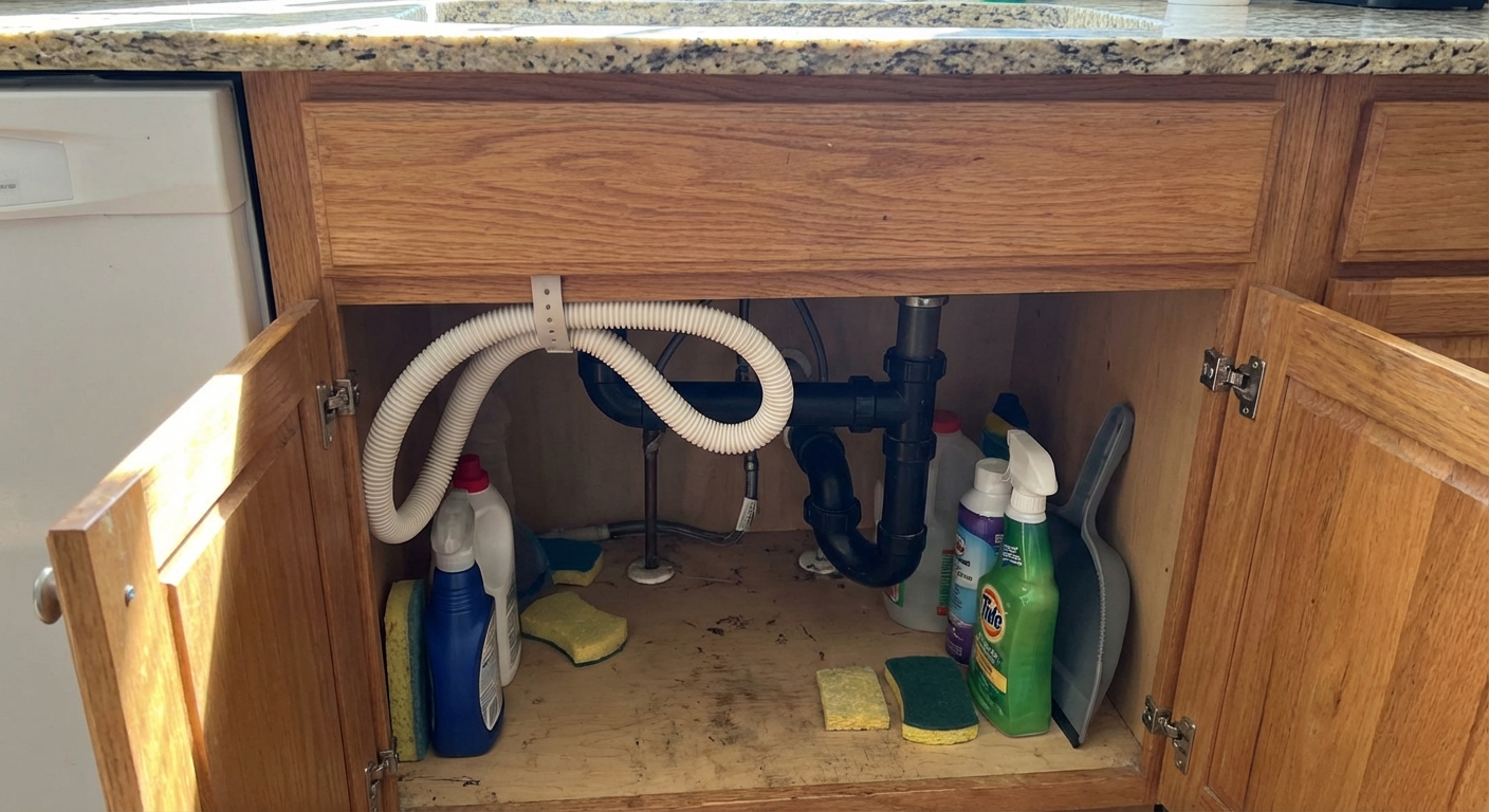 Under-sink setup showing a dishwasher drain hose routed in a high loop to the underside of the countertop, with the sink drain connection visible, photorealistic