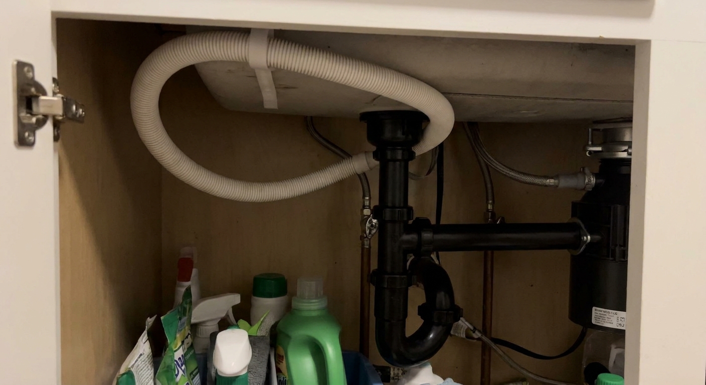Under-sink view of a dishwasher drain hose routed in a high loop under a countertop before connecting to the sink drain