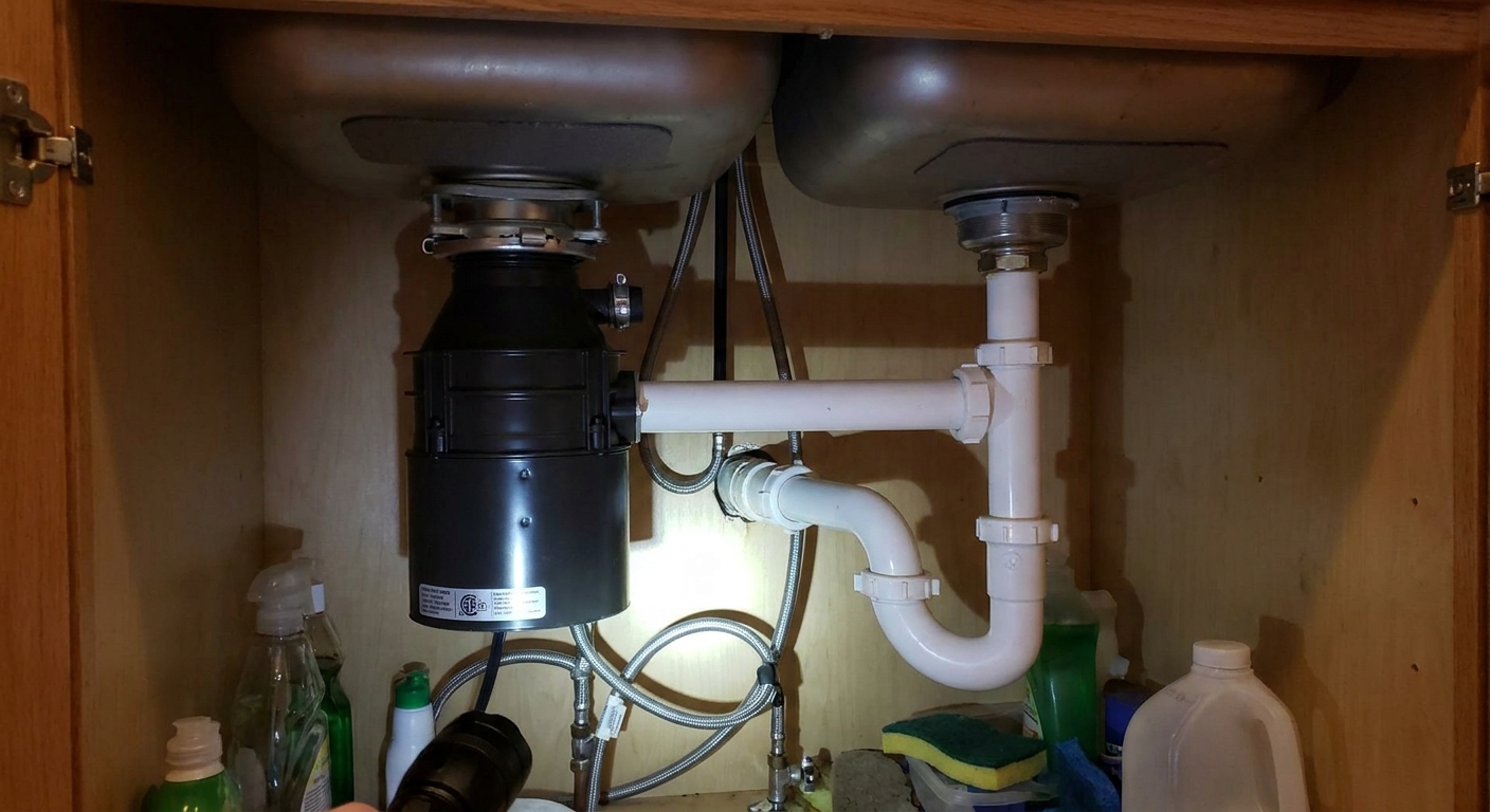 Under-sink view of a double-bowl kitchen sink drain with a P-trap, slip-joint fittings, and a garbage disposal, indoor home photo
