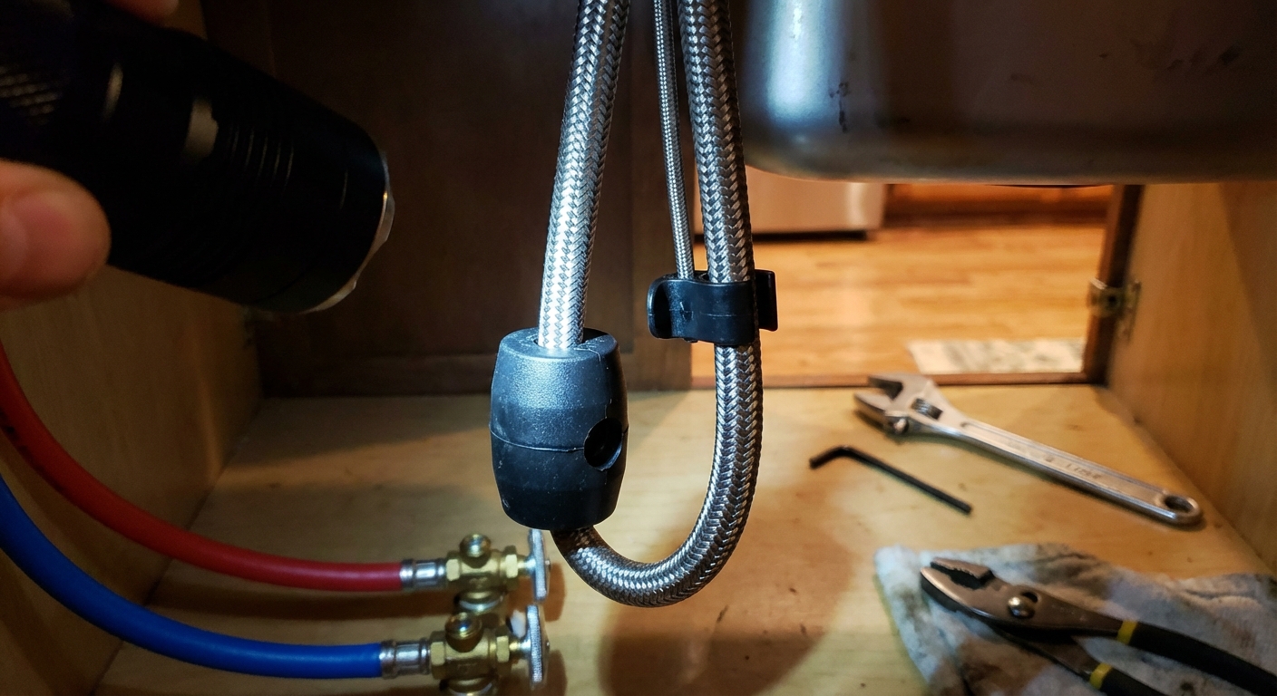 Under-sink view of a pull-down kitchen faucet hose with a black counterweight clipped onto the hose and water supply lines visible, photo taken with a flashlight