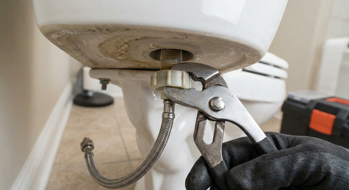 Underside view of the tank showing pliers loosening the large plastic locknut on the fill valve shank, with the supply line disconnected.