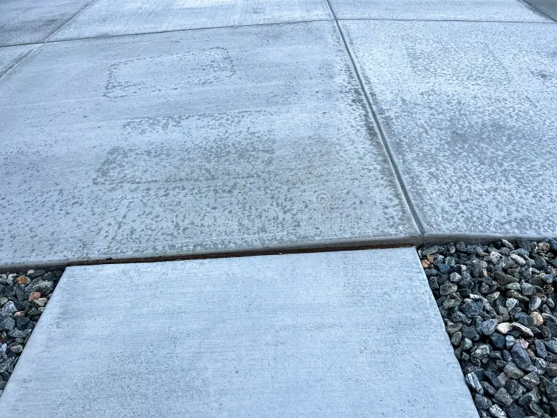 Uneven concrete sidewalk slab with a raised edge forming a trip hazard in a residential front yard in late afternoon light