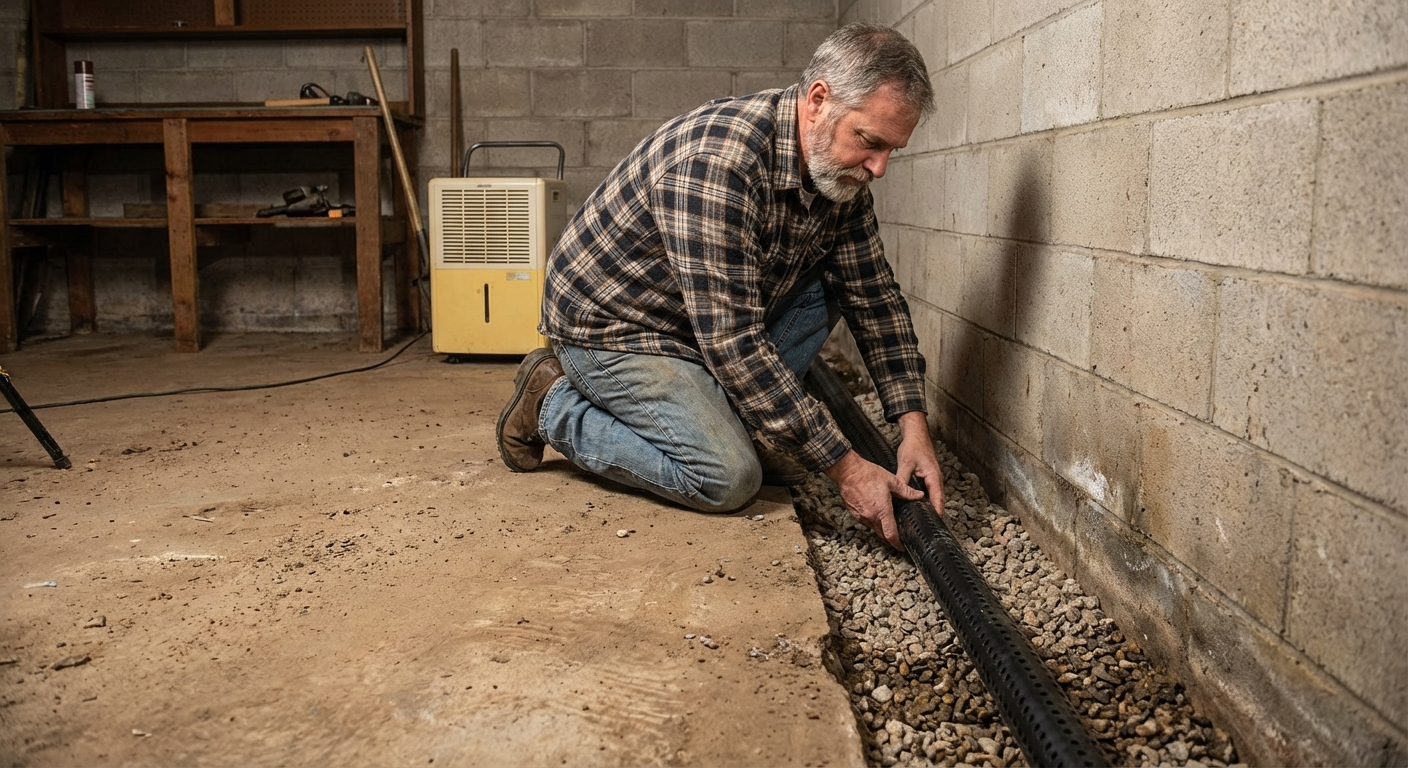 Unfinished basement with a narrow trench cut along the perimeter of the concrete floor, showing gravel and a perforated drain pipe being installed near the foundation wall