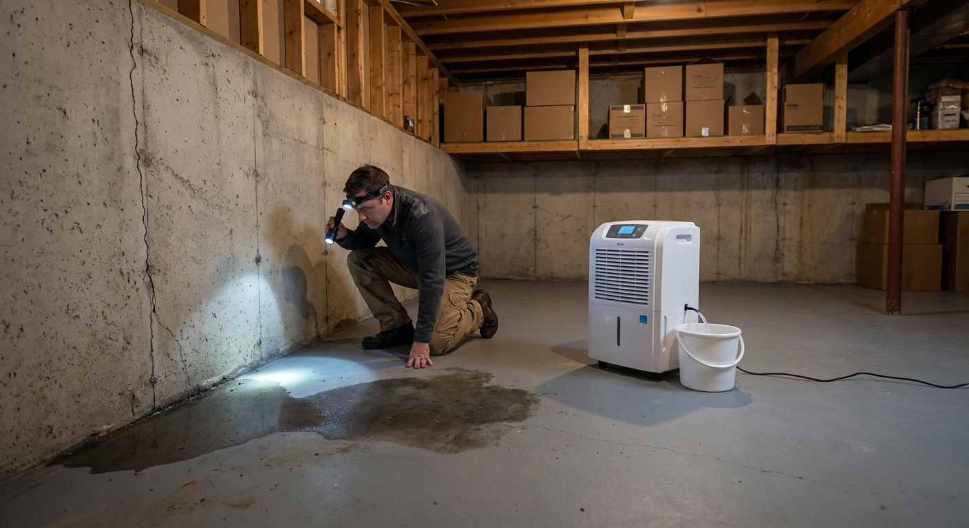 Unfinished basement with a small puddle on the concrete floor near a foundation wall, a dehumidifier in the background, and a homeowner kneeling to inspect a damp area