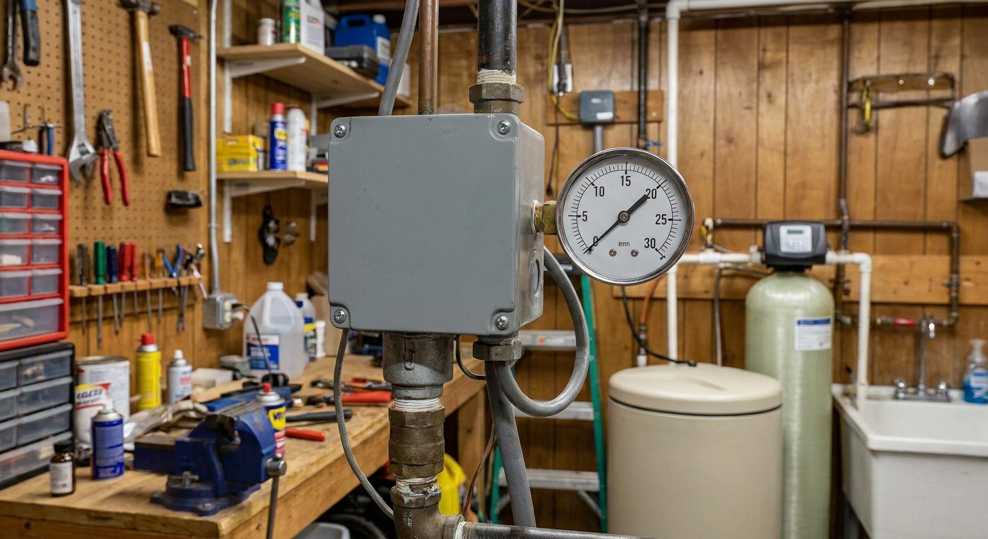 Well pressure switch mounted near a pressure gauge in a home utility room